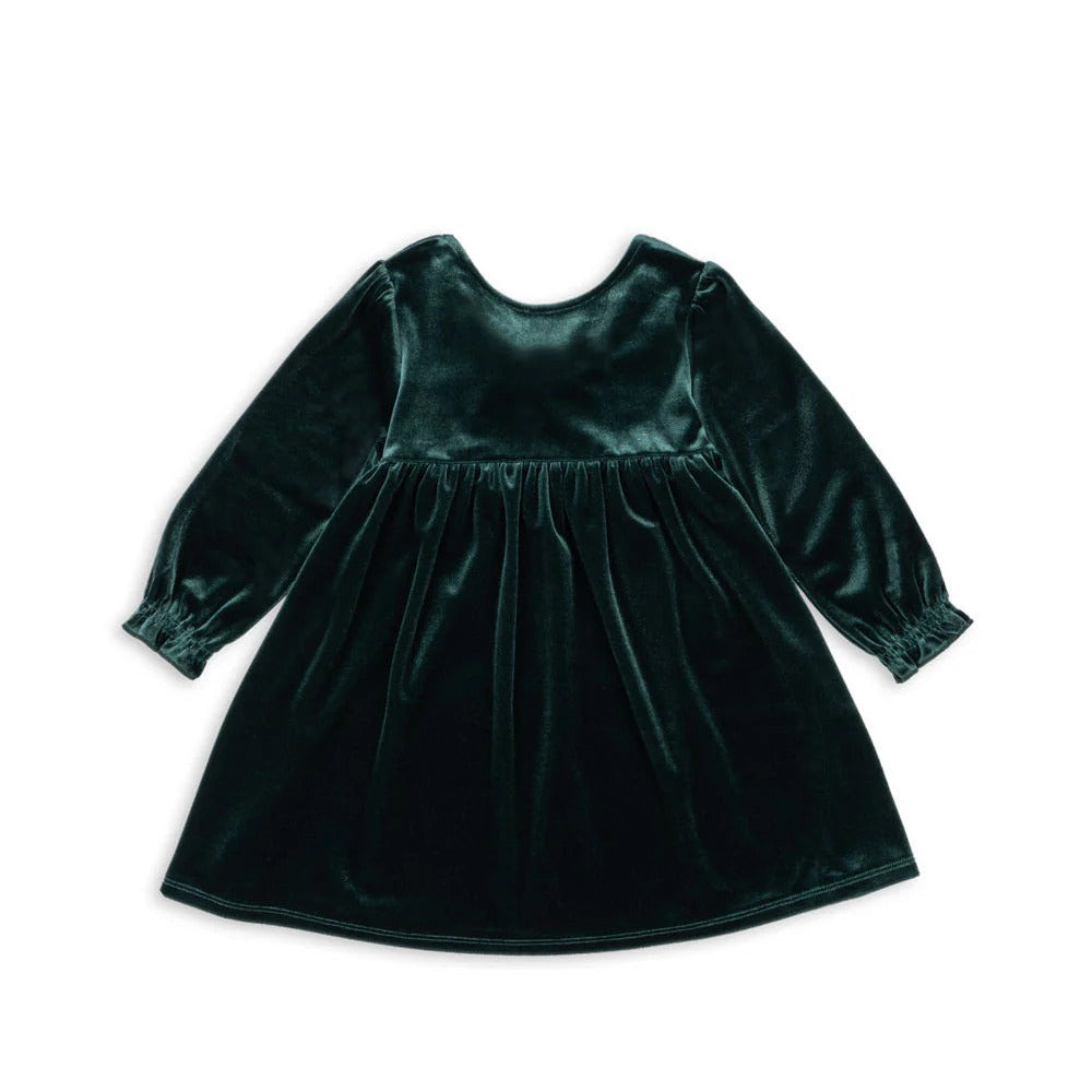 Konges Slojd Gia Bow Dress Pine Grove in emerald velvet; long sleeves with a gathered waist, laid flat to show texture.