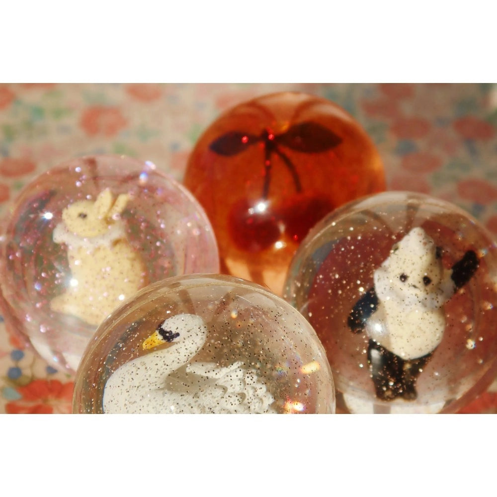 Konges Slojd Glitter Bouncing Ball Set Bunny/Panda: clear glittery spheres with bunny and panda figures.