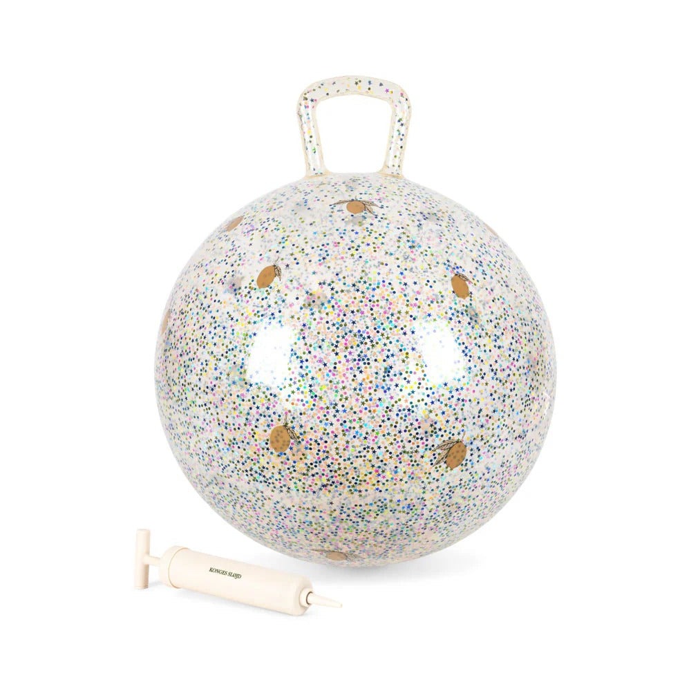 Konges Slojd Glitter Glitter Jump Ball Lemon-glittery white bouncy toy with confetti specks and accompanying pump