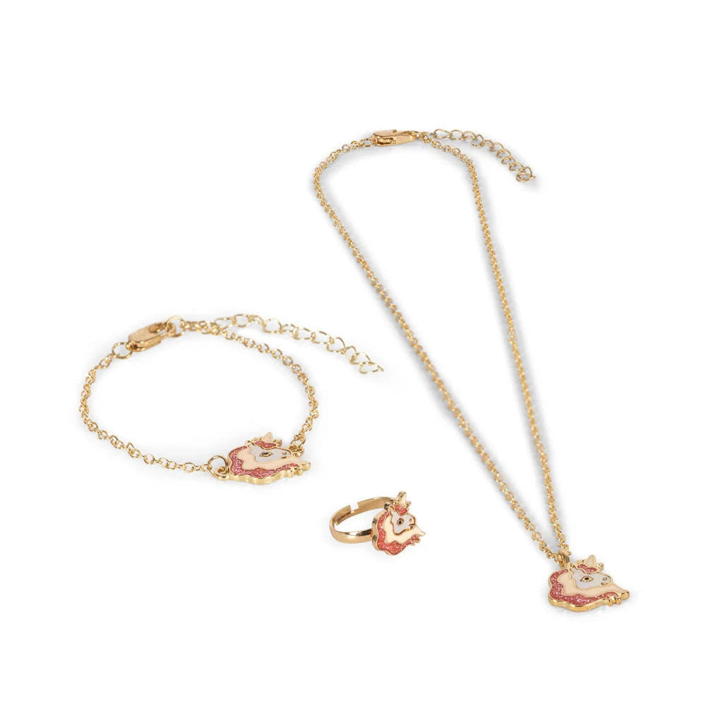 Konges Slojd Jewelry Set 2026 Jewelry Set in Gold with pink unicorn charms on necklace, bracelet, and ring