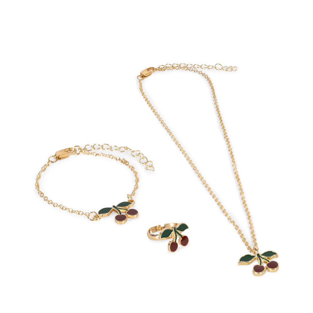 Konges Slojd Jewelry Set 2026 Jewelry Set in Gold-tone with green leaves and red cherry charms.