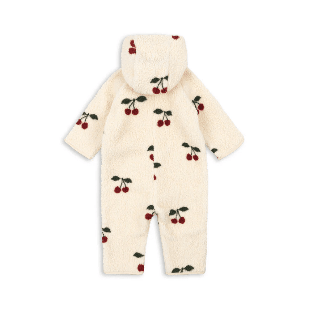 Konges Slojd Jody Teddy Onesie cream fleece with red cherry prints, hooded