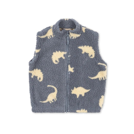 Front view of the Konges Slojd Jody teddy vest in Dino Mist with dinosaur pattern
