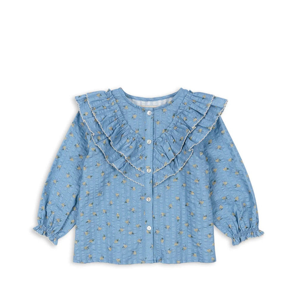 Konges Slojd Kim Frill Blouse Billie Blue, blue cotton top with frill collar and floral print, button-front.