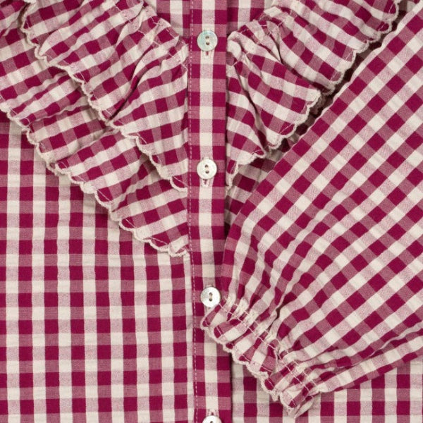 Konges Slojd Kim Frill Blouse Sangria Butter Check, pink gingham with white frill trim and button-down front.
