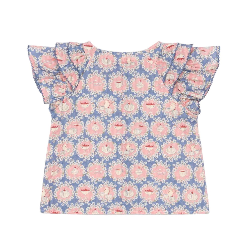 Konges Slojd Kim Frill Shirt Snack Time Shirt in Blue with Pink Floral Print and Frilled Sleeves