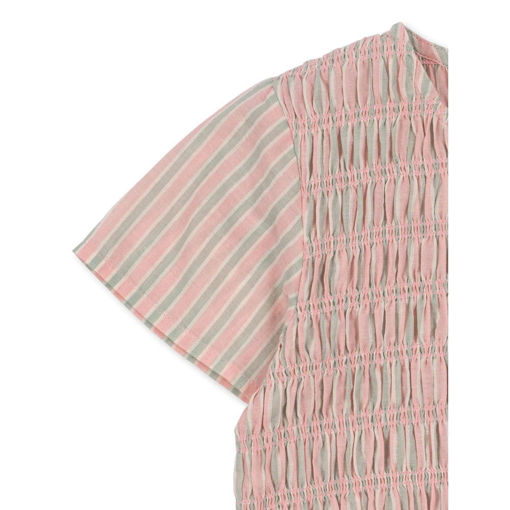 Konges Slojd Luli Dress in Blush Stripe pink and grey striped fabric with smocked bodice.