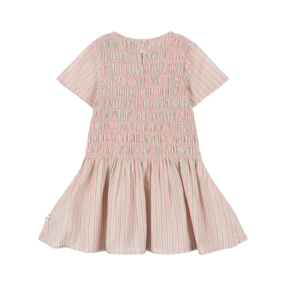 Konges Slojd Luli Dress in Blush Stripe, front view with short sleeves, smocked bodice, and tiered skirt