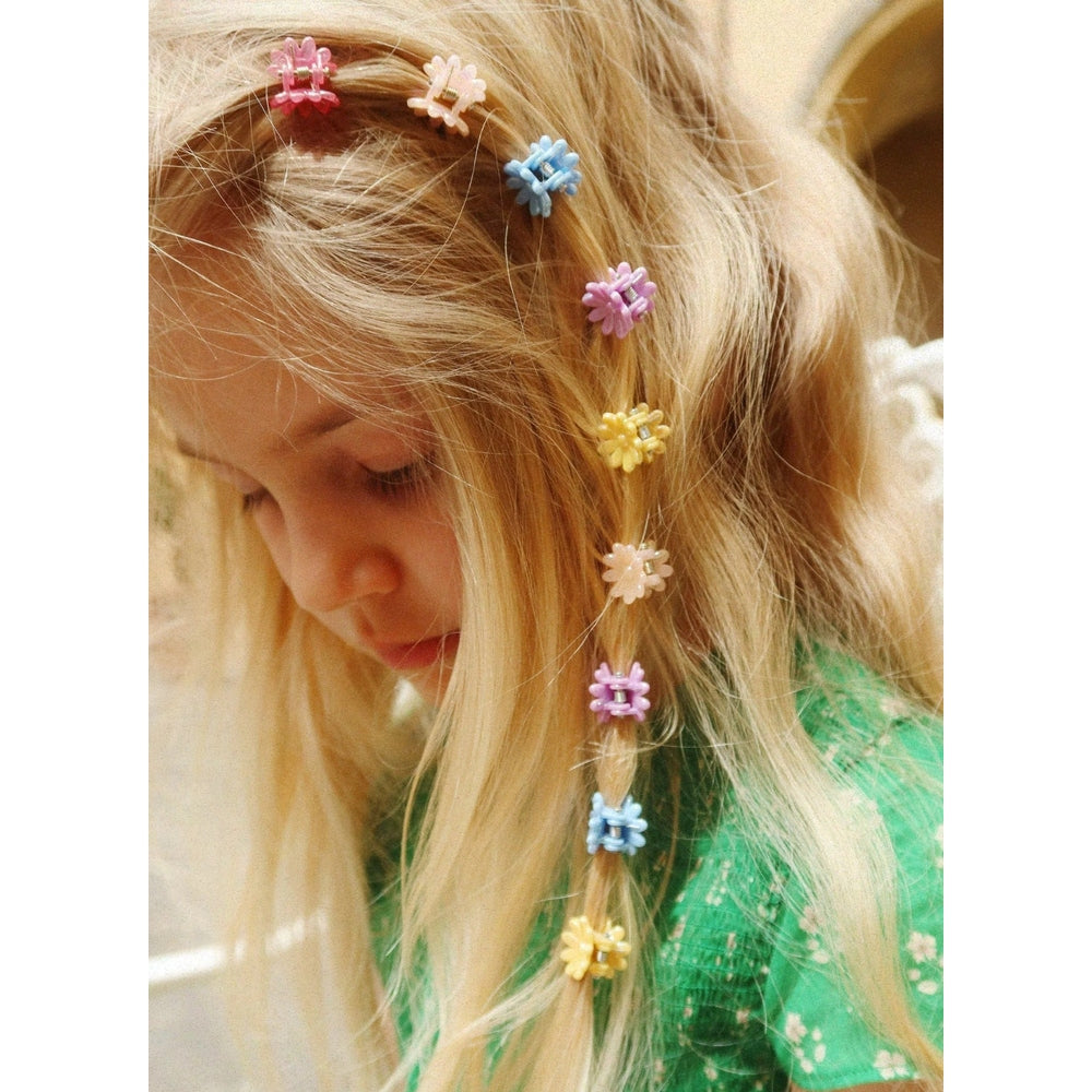 Konges Slojd Mini Flower Hair Claws in Multicolor Pastel on blonde hair
