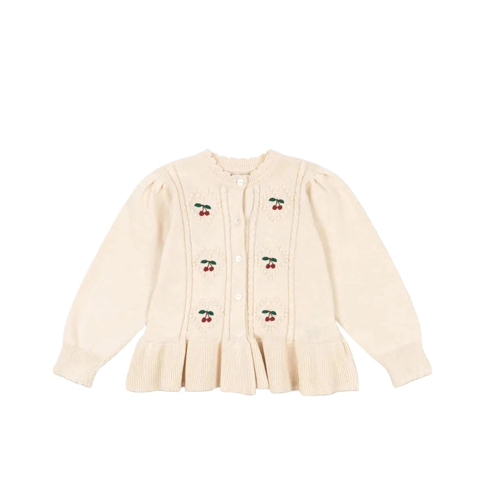 Konges Slojd Soleil Cardigan in Pearled Ivory with cherry embroidery, puff sleeves, ribbed cuffs and pleated hem.