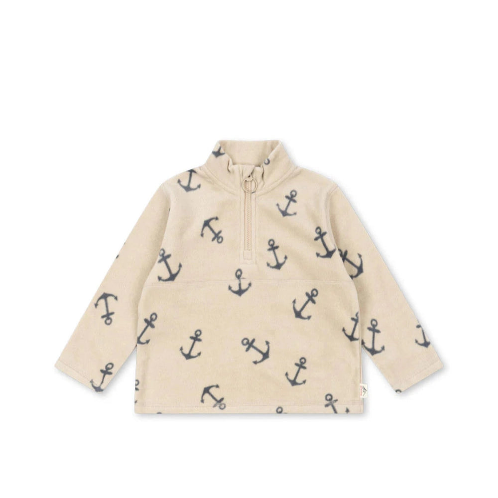 Konges Slojd Tavi fleece sweatshirt Ancher in beige with navy anchor print and zip neck.