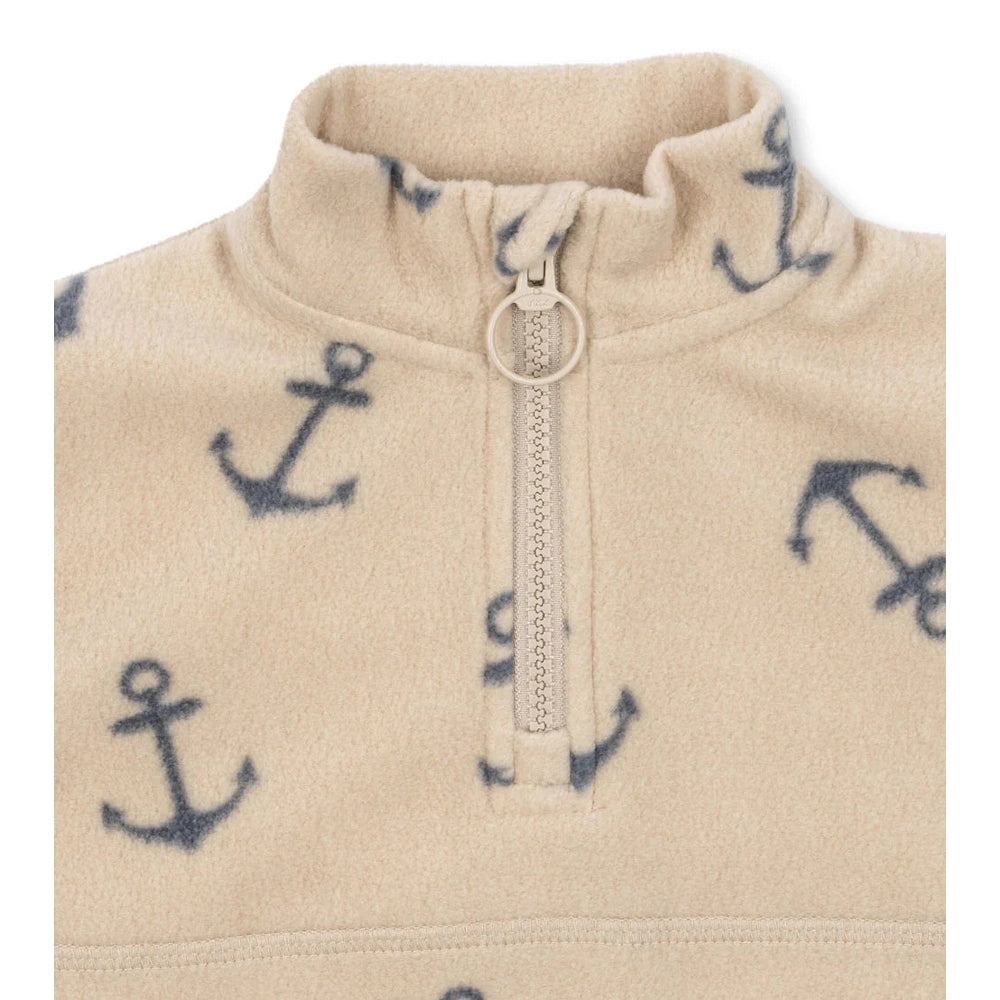 Konges Slojd Tavi fleece sweatshirt beige with navy anchor print and zip neck