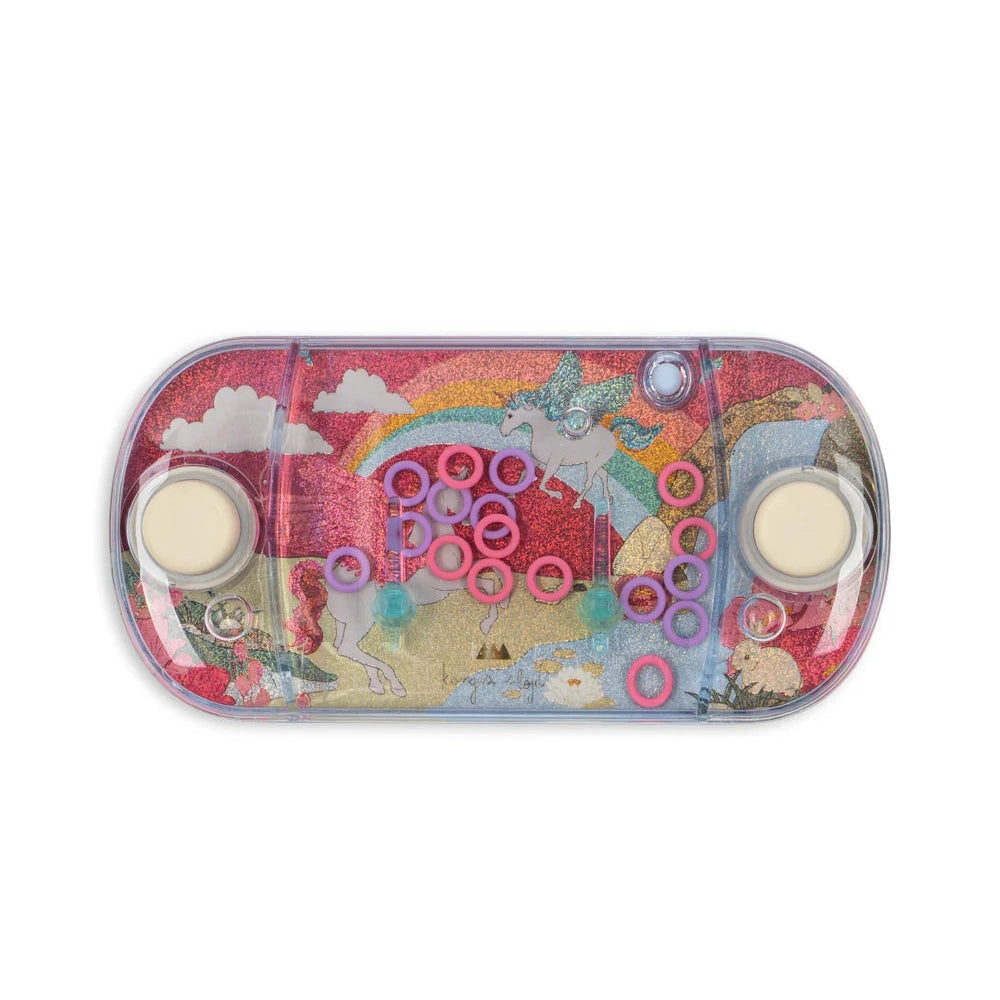 Konges Slojd Water Ring Toss Game in Pink with glittery rainbow unicorn backdrop.