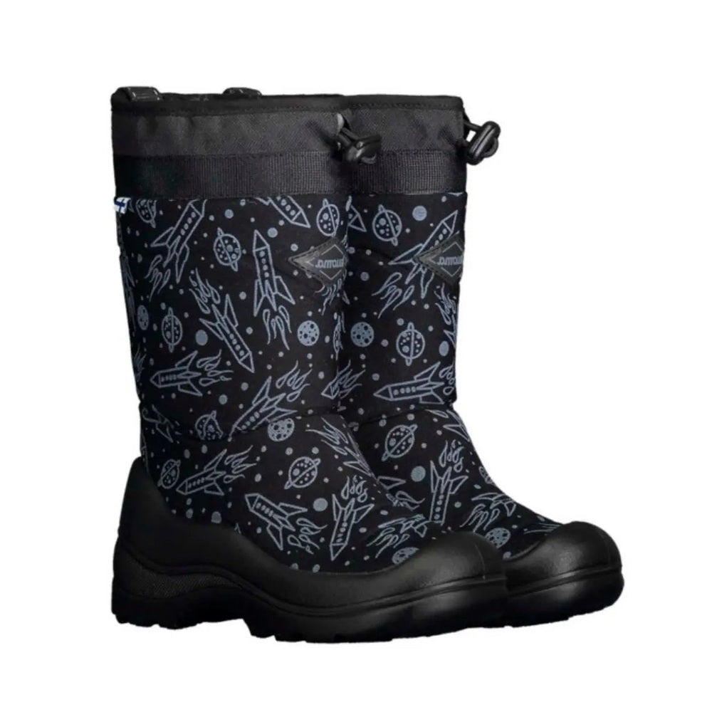Kuoma Snowlock Black Spaceship boots standing upright, space-print upper, mid-calf height, rugged sole.