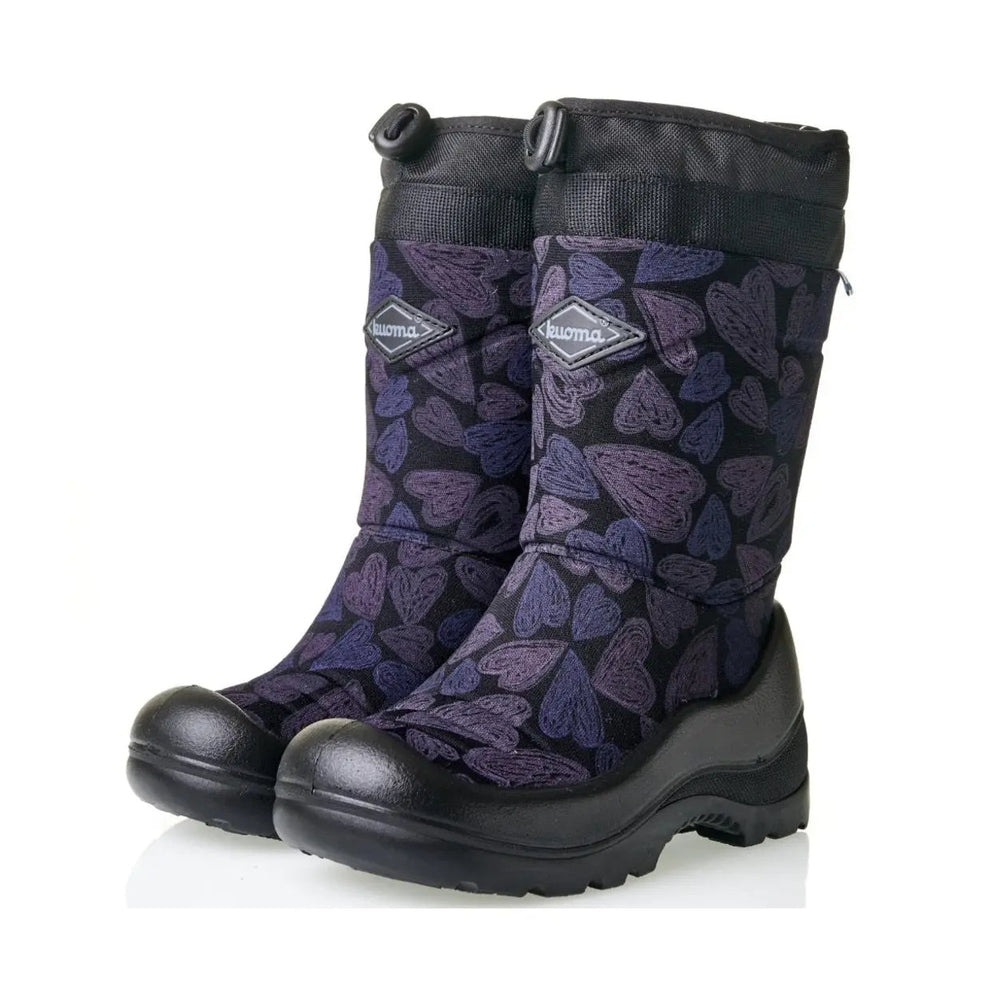 Kuoma Snowlock Black Sweetheart boots, purple floral pattern, worn as a pair with rugged rubber lug sole.
