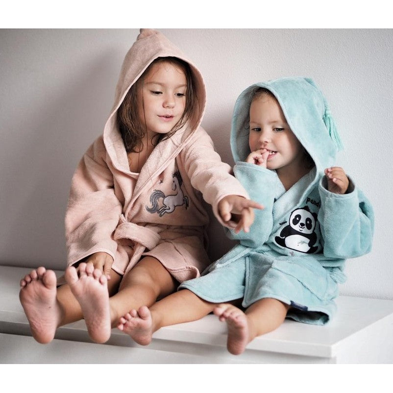 La Millou bamboo soft bathrobes for kids; powder pink unicorn and blue panda hooded robes (2-piece set).