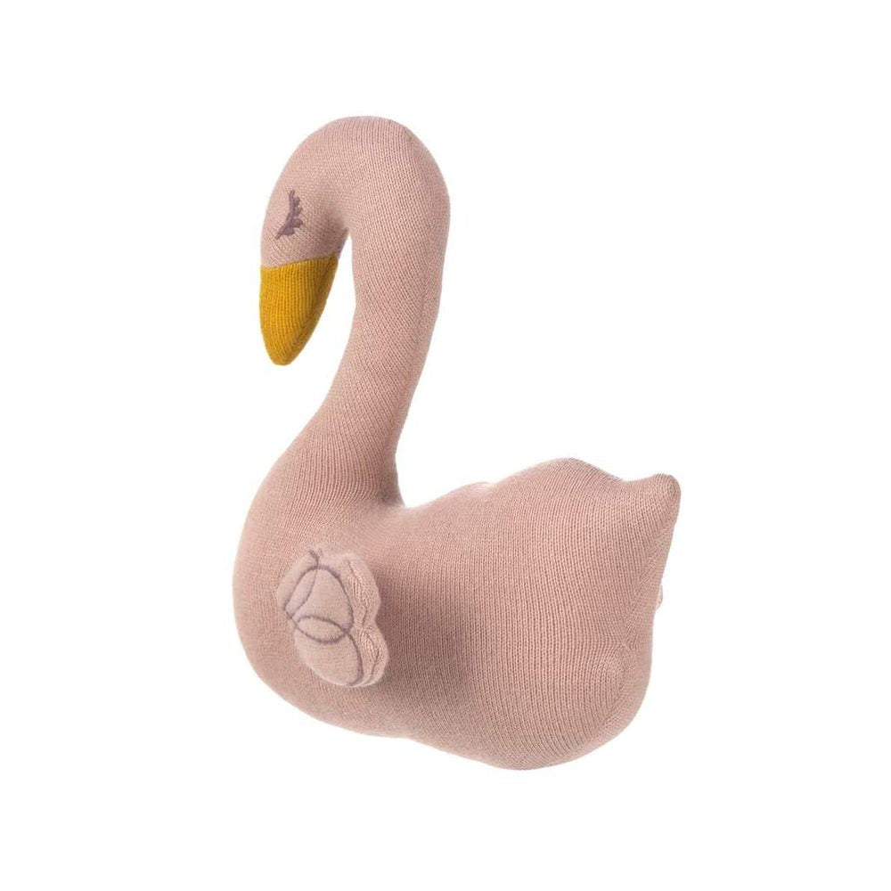 Lassig knitted flamingo rattle toy in soft pink with yellow beak and flower embroidery