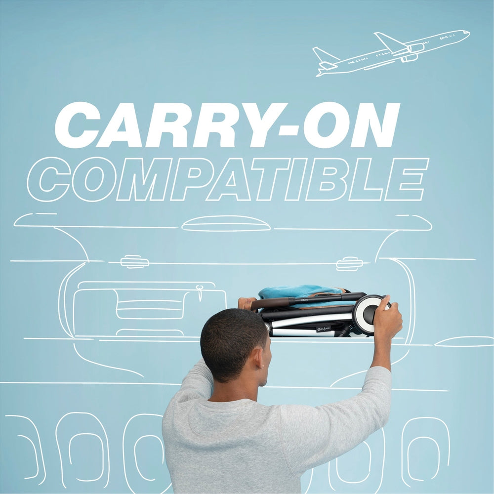 Lifestyle image of a man lifting the folded Cybex Orfeo stroller into an airplane overhead bin.