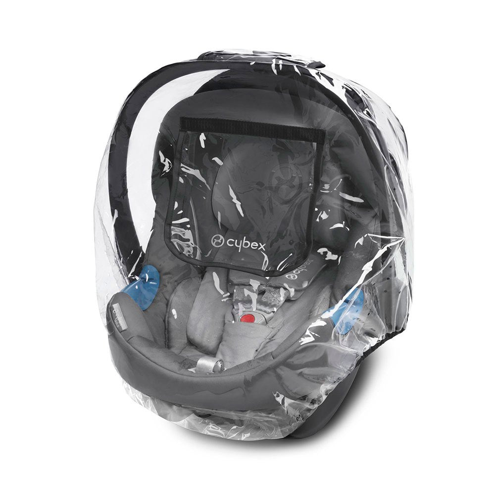 Lifestyle image of the Cybex Aton/Cloud Rain Cover Series with logo visible.