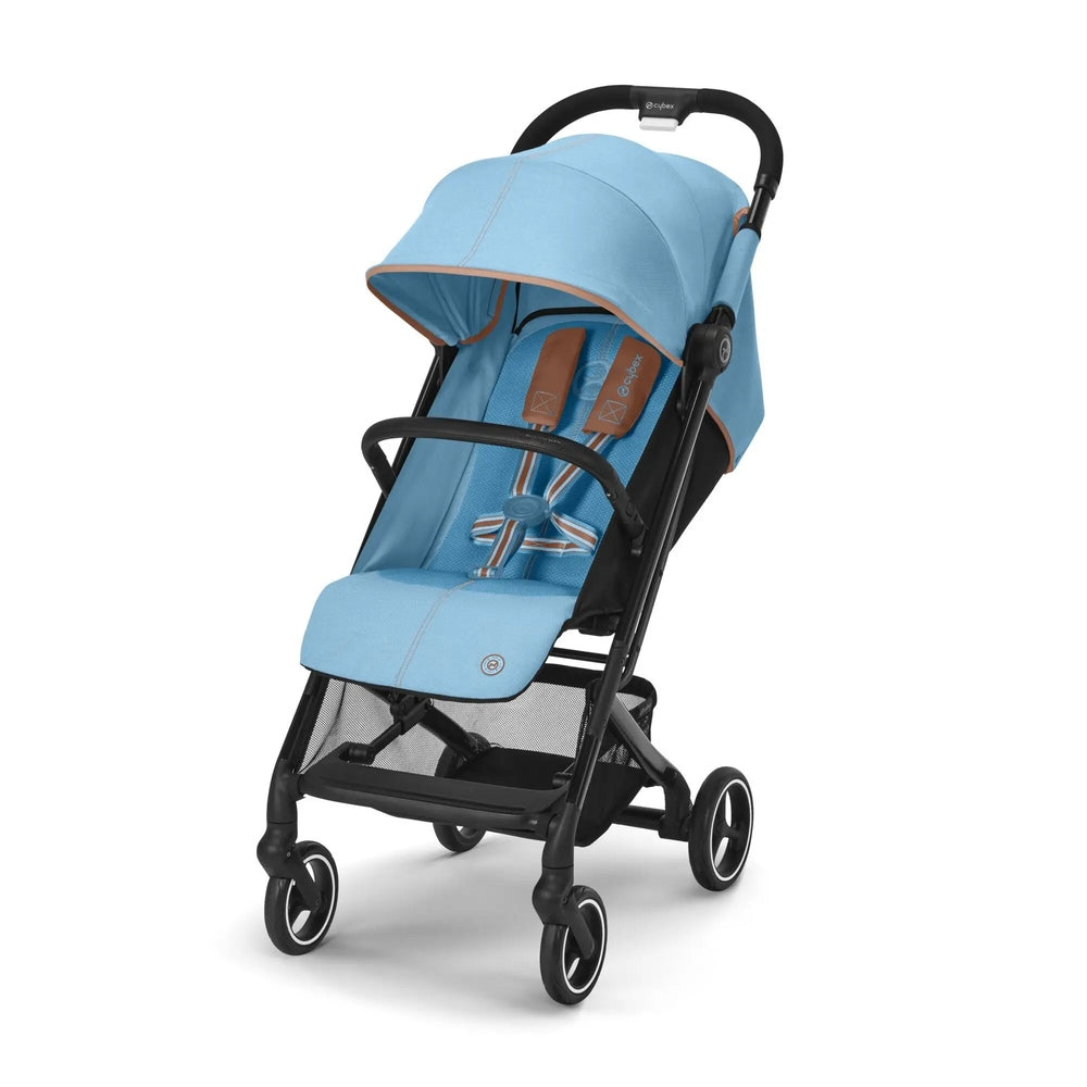 Lifestyle image of the Cybex Beezy Compact City Stroller in sky blue with black frame; lightweight design with extended canopy shields infant.
