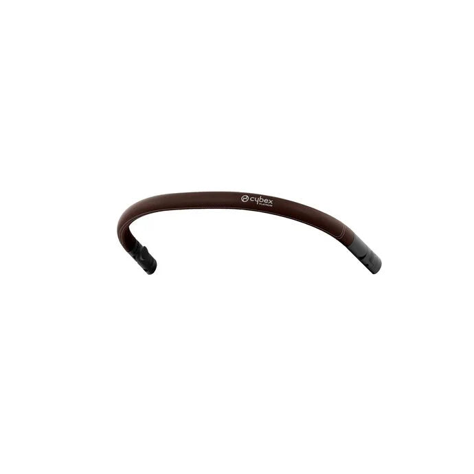Lifestyle image of the Cybex Coya Stroller Bumper Bar brown leatherette, curved safety rail attached to the stroller.