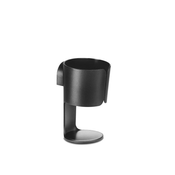 Lifestyle image of the Cybex Cup Holder for strollers, black finish, mounts to stroller frame.
