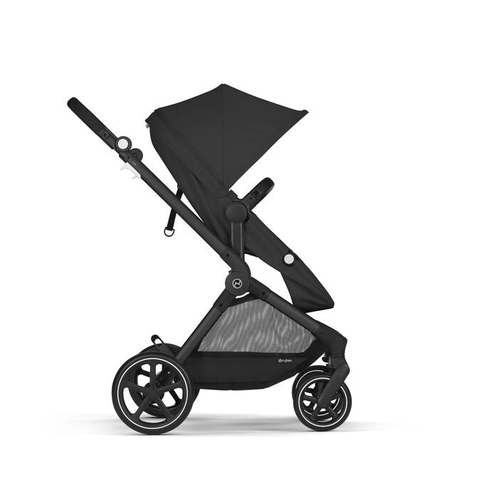 Lifestyle image of the Cybex EOS 2-in-1 Stroller Black Frame in moon black with black frame and canopy.