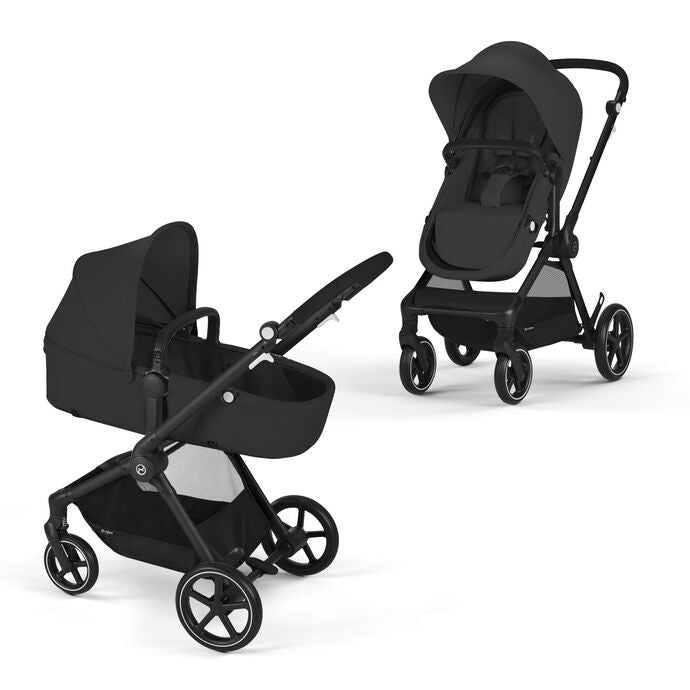Lifestyle image of the Cybex EOS 2-in-1 Stroller Black Frame with aton 2 infant car seat in black.