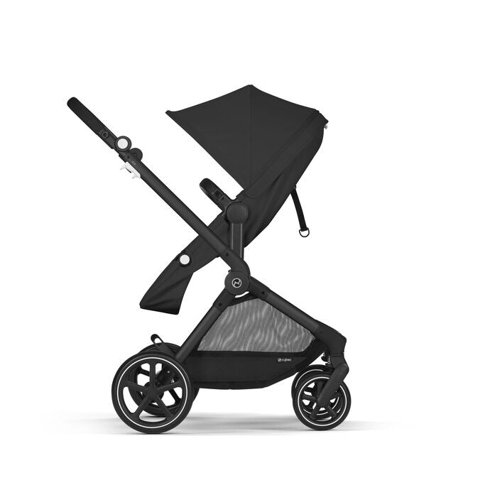 Lifestyle image of the Cybex EOS 2-in-1 Stroller Black Frame with aton 2 infant car seat in black moon black.