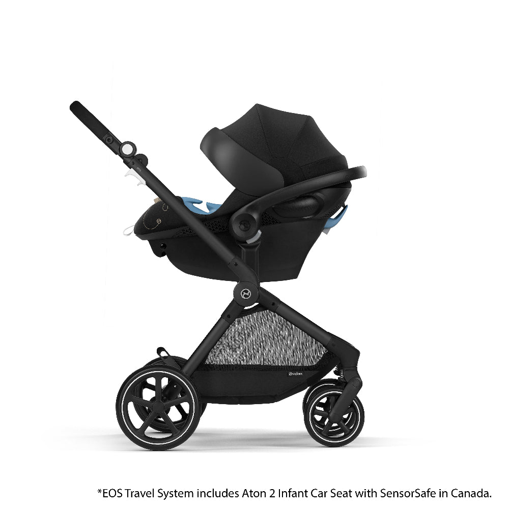 Lifestyle image of the Cybex Eos 5-In-1 Travel System Stroller + Lightweight Aton 2 Infant Car Seat With Sensor Safe with aton 2 infant car seat in black and blue, sensorsafe.