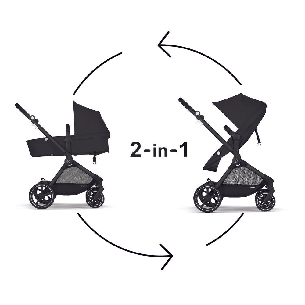 Lifestyle image of the Cybex Eos 5-In-1 Travel System Stroller + Lightweight Aton 2 Infant Car Seat With Sensor Safe with aton 2 infant car seat, black, sensor-safe.