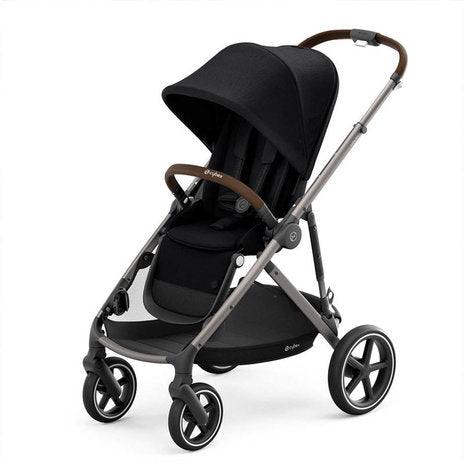 Lifestyle image of the Cybex Gazelle S Adapter Black in black with brown leather accents.