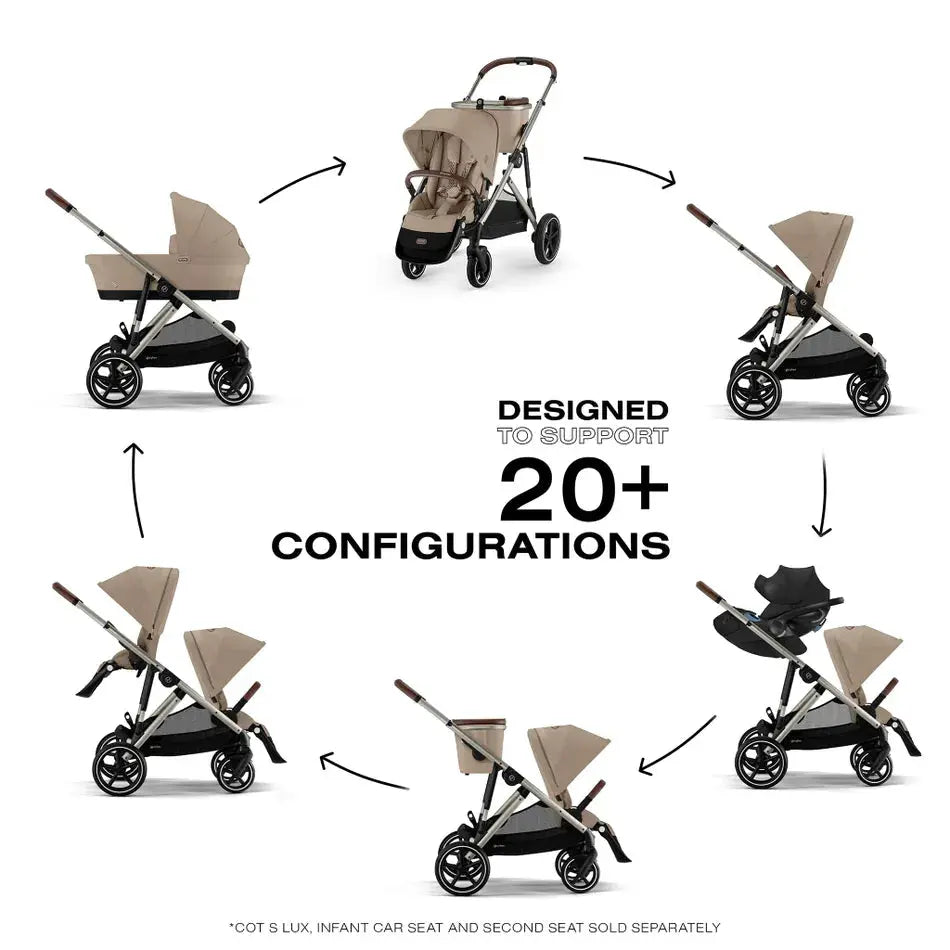 Lifestyle image of the Cybex Gazelle S V2 Stroller in beige, shown in a 20+ configuration cycle with bassinet and seat modes.