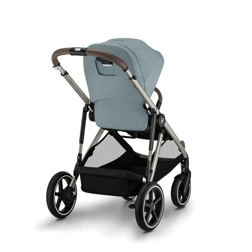 Lifestyle image of the Cybex Gazelle S V2 Stroller in stormy blue rear angle.
