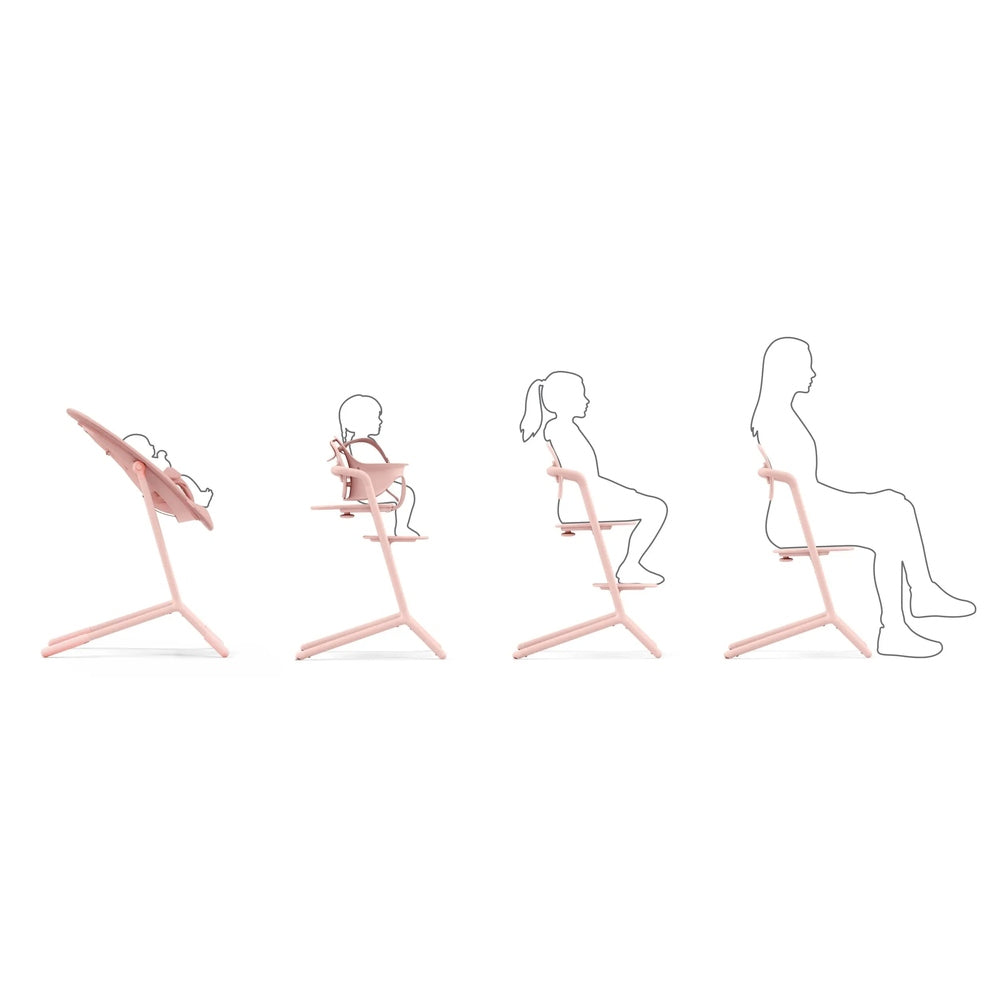 Lifestyle image of the Cybex Lemo 2 Chair in pink, four positions demonstrating adjustable recline as child grows.