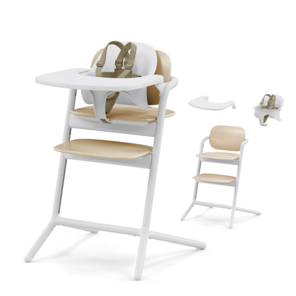 Lifestyle image of the Cybex Lemo 2 High Chair 3-In-1 Set in white with beige cushions; child seated, tray and booster parts nearby.