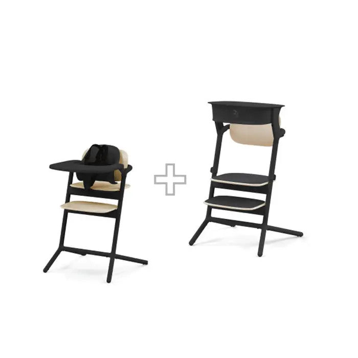Lifestyle image of the Cybex Lemo 3-In-1 High Chair + Training Tower Set Sand Black and training tower set in sand black; 2-piece family duo.