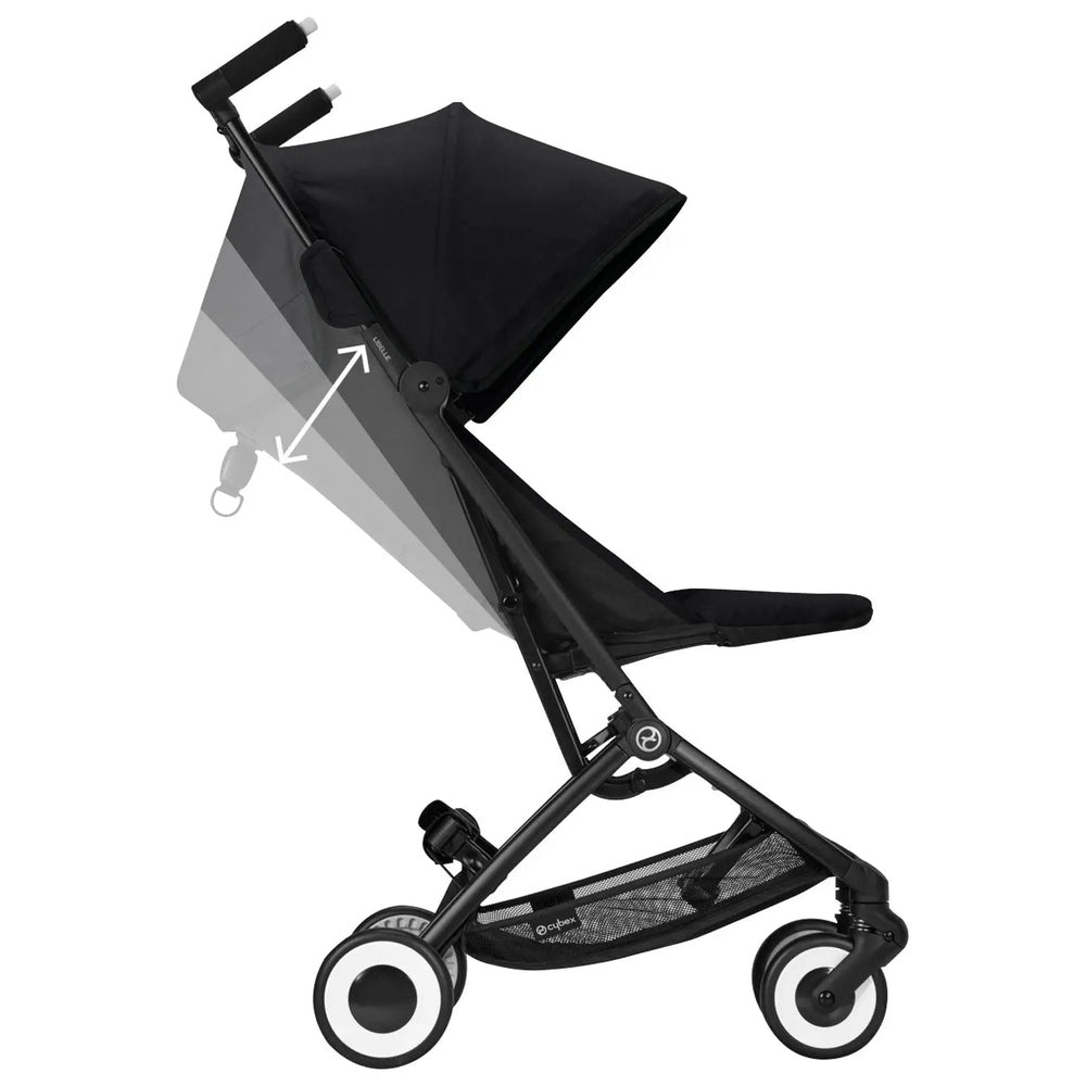 Lifestyle image of the Cybex Libelle Stroller in black with canopy, demonstrating adjustable recline as the seat tilts.