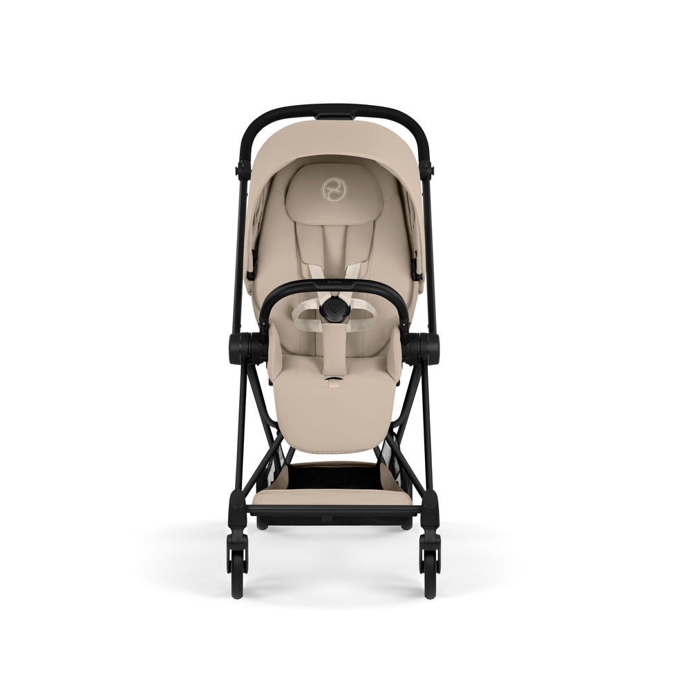 Cybex Platinum Mios 5 Matte Black frame with Cozy Beige Lux Seat — front view with inlay