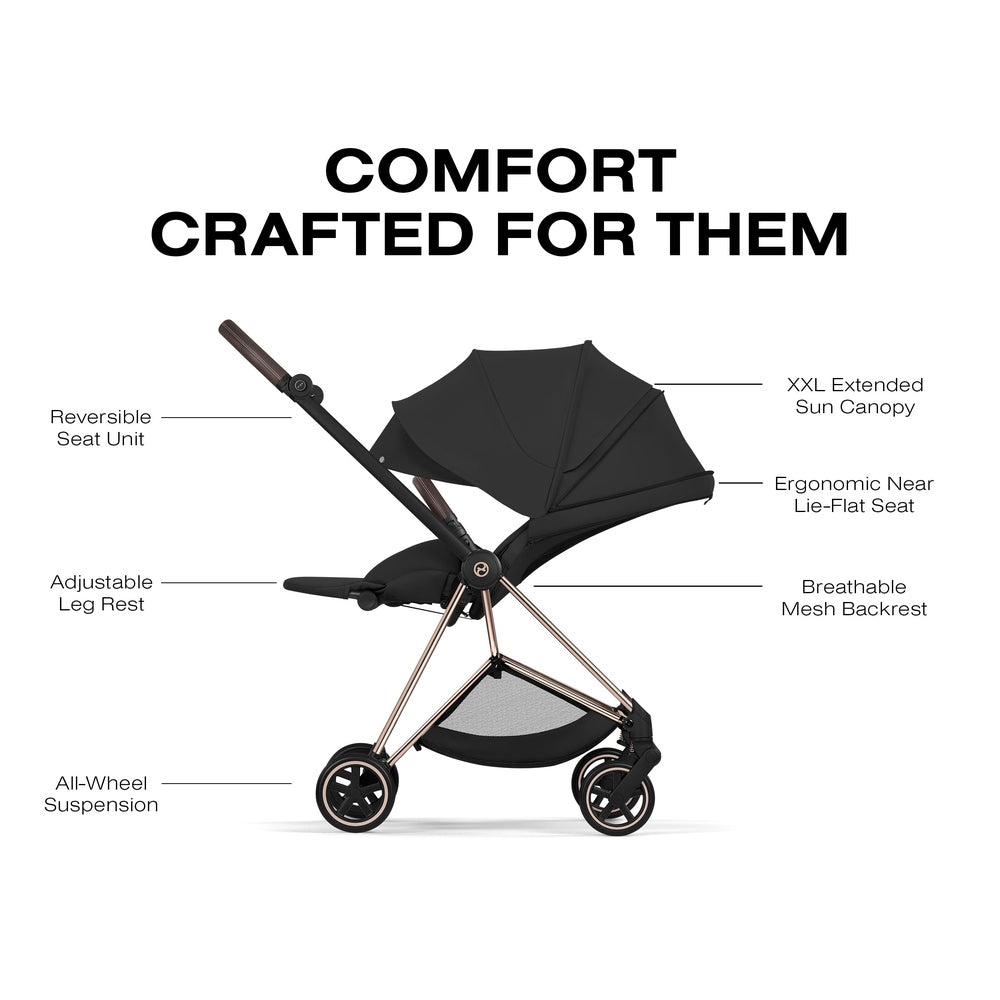 Cybex Platinum Mios 5 Rose Gold frame with Sepia Black Lux Seat — seat comfort feature overview