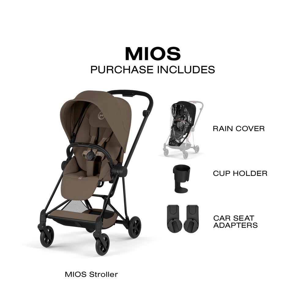 Cybex Platinum Mios 5 Matte Black frame with Coconut Brown Lux Seat — included stroller accessories