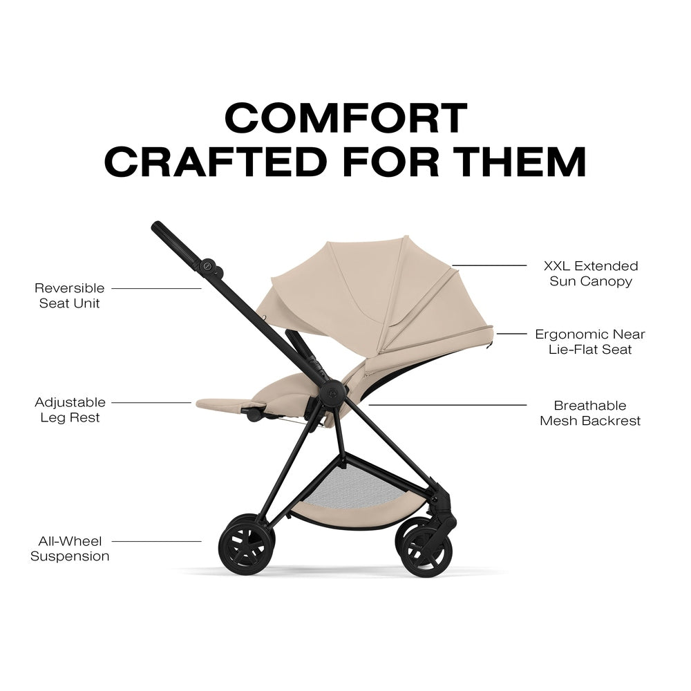 Cybex Platinum Mios 5 Matte Black frame with Cozy Beige Lux Seat — seat comfort feature overview