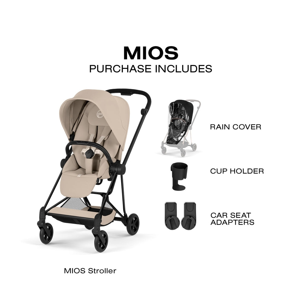 Cybex Platinum Mios 5 Matte Black frame with Cozy Beige Lux Seat — included stroller accessories