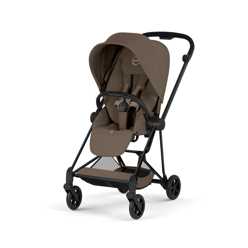 Cybex Platinum Mios 5 Matte Black frame with Coconut Brown Lux Seat — front three-quarter view