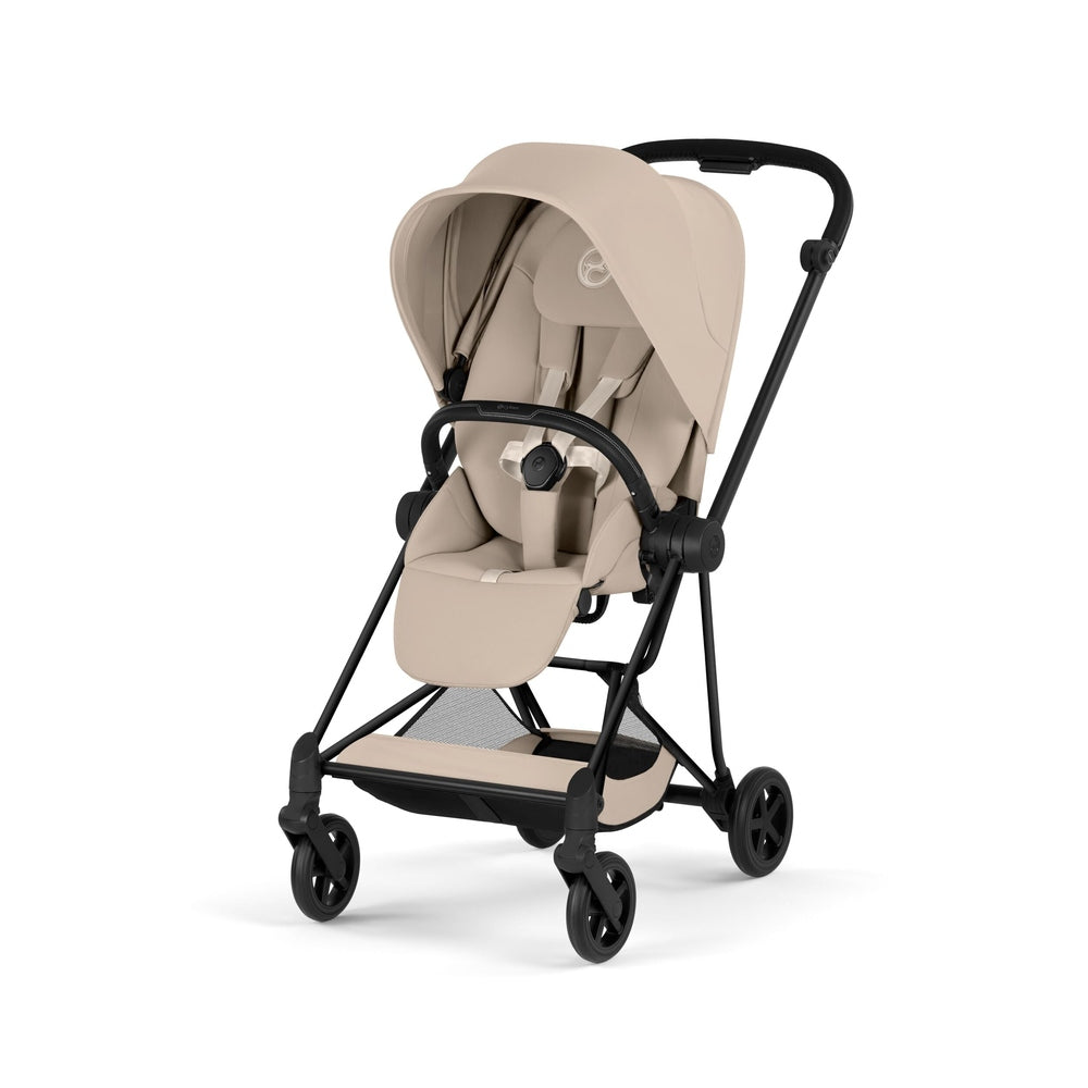 Cybex Platinum Mios 5 Matte Black frame with Cozy Beige Lux Seat — front three-quarter view