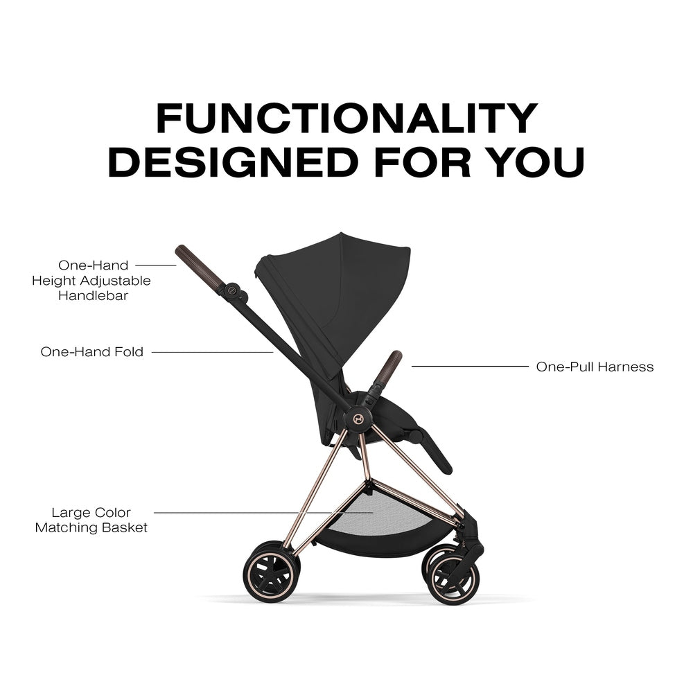 Cybex Platinum Mios 5 Rose Gold frame with Sepia Black Lux Seat — feature overview