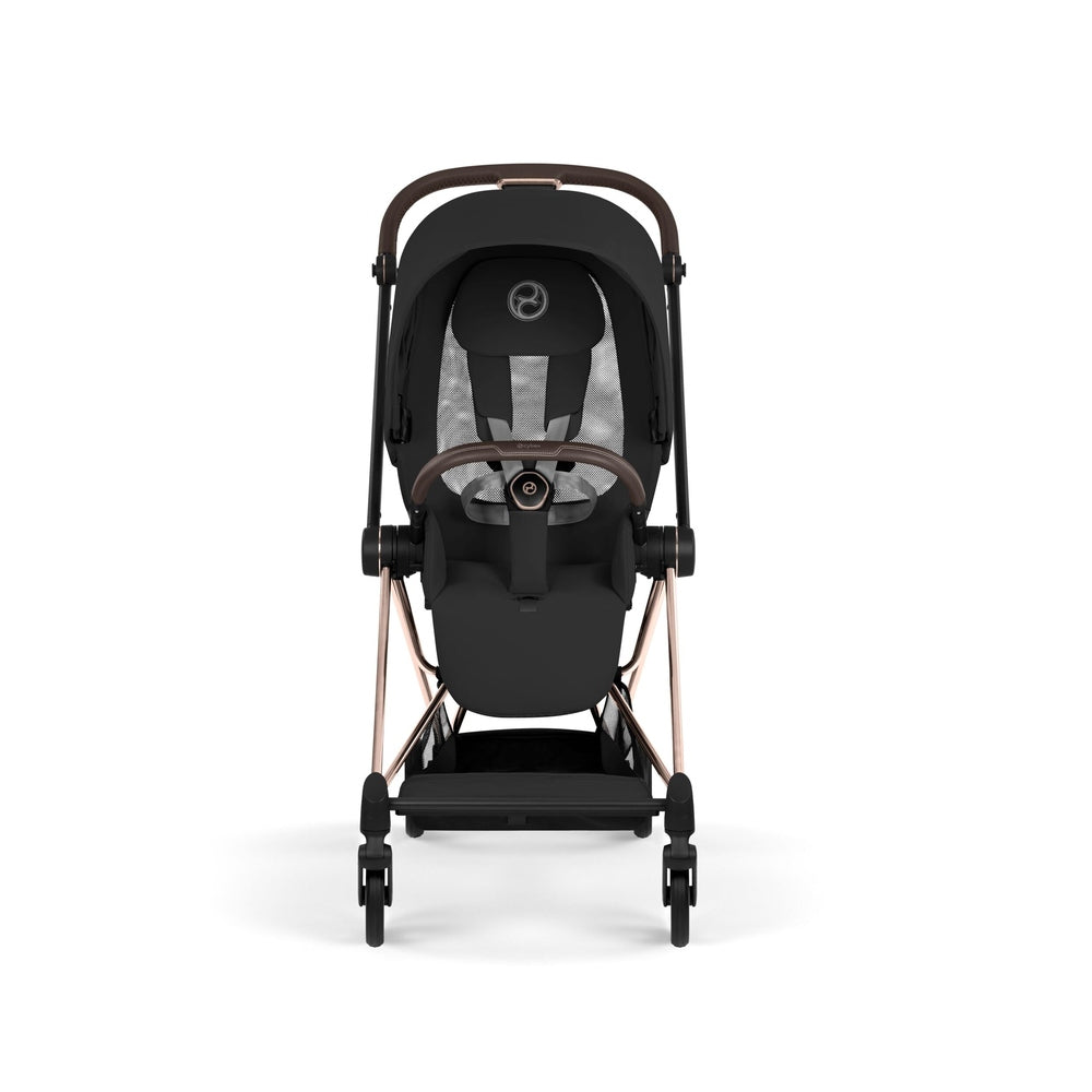 Cybex Platinum Mios 5 Rose Gold frame with Sepia Black Lux Seat — front view with harness