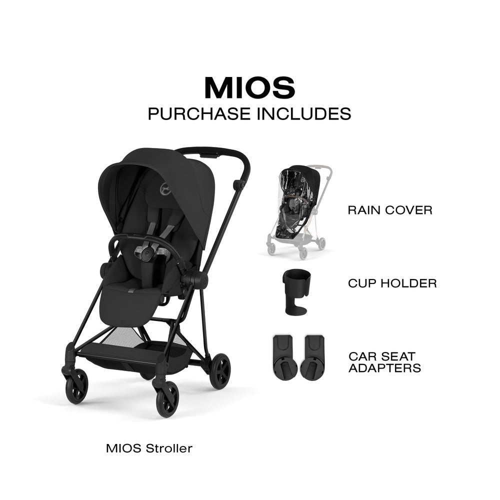 Cybex Platinum Mios 5 Matte Black frame with Sepia Black Lux Seat — included stroller accessories