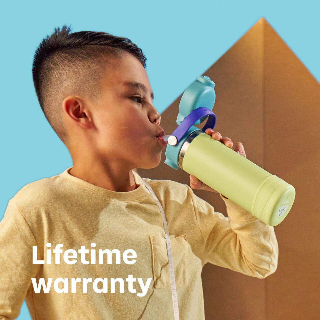 Hydro Flask Kids 12 oz Wide Mouth Bottle With Covered Straw Cap And Boot – Child using the bottle with lifetime warranty message