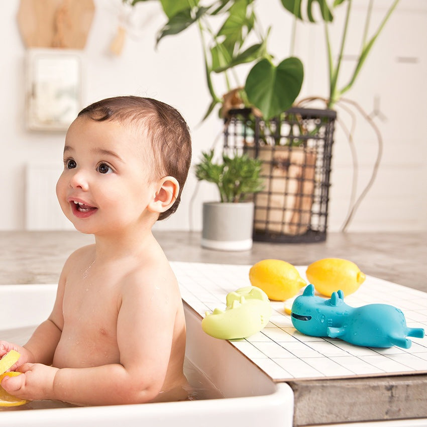Lilliputiens Marius floating rhino bath toys, blue and pale green, set of 2